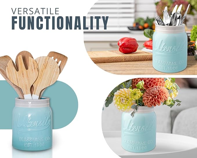 Comfify Wide Mouth Mason Jar Utensil Holder Decorative Kitchenware Organizer Crock, Dishwasher Safe - Kitchen Caddy Aqua Blue for Countertop, Large Size 7" Hight
