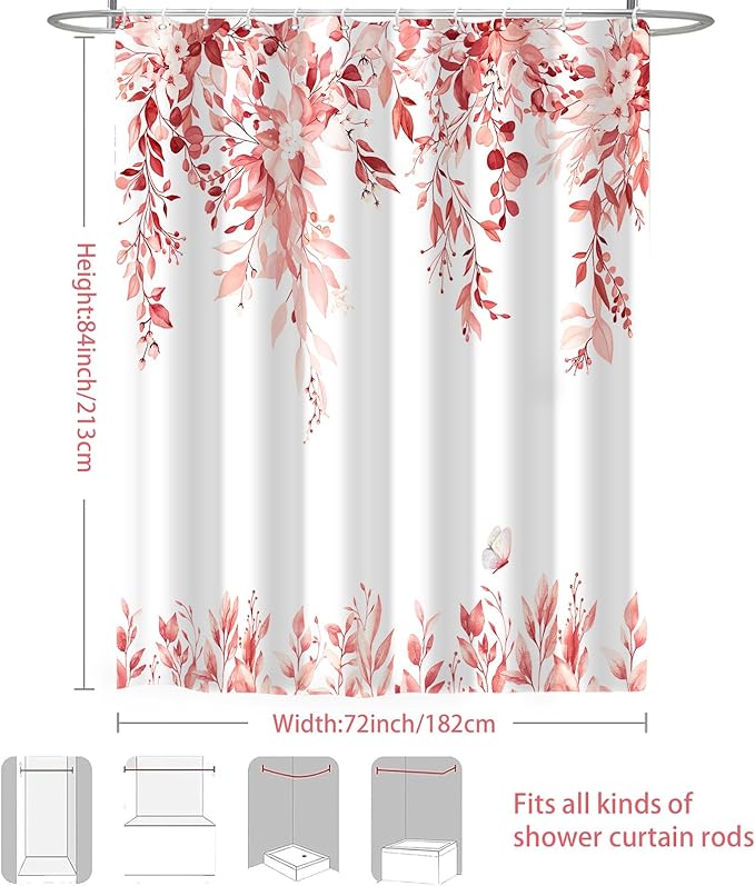 Eucalyptus Shower Curtain, Pink Watercolor Leaves with Floral Botanical Bathroom Decor, Waterproof Fabric Bath Curtain Set with Hooks, 72x84 Inches