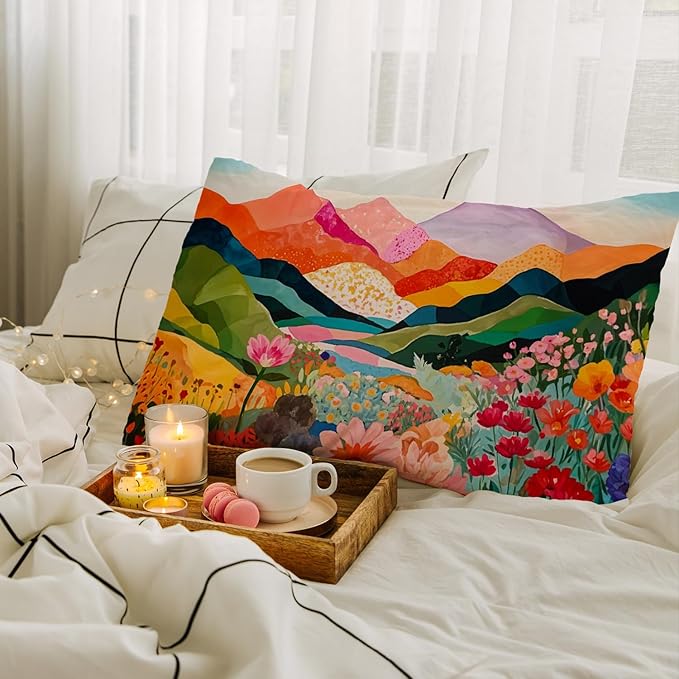 JINYO Abstract Mountain Pillow Covers 12x20 inch,Abstract Mountain Floral Pillow Cover Watercolor Landscape Decorative Pillow Covers for Home Bedroom Living Room Office Decor, Vintage Western Decor