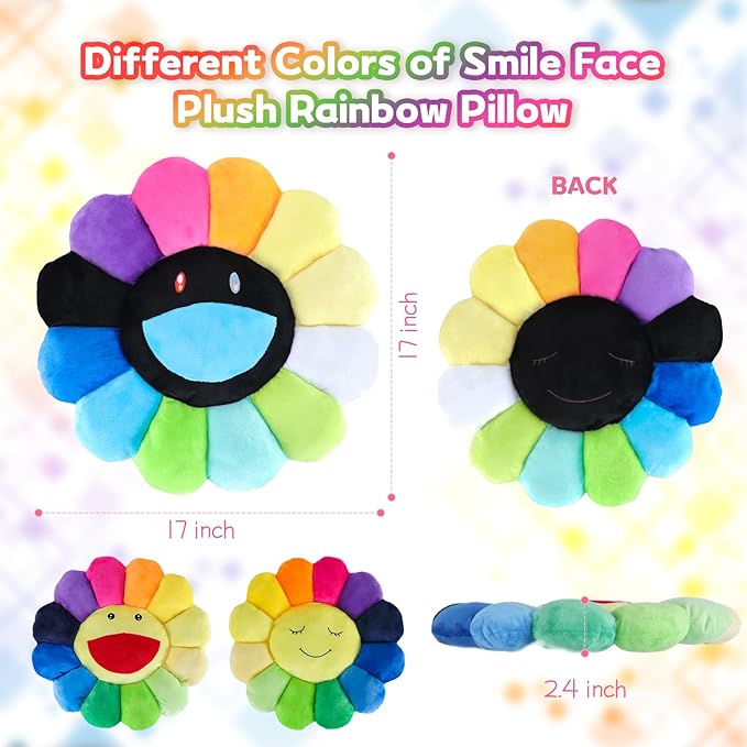 Smile Face Plush Rainbow Pillow, Sunflower Indie Decor Plush Pillow Soft & Comfortable Flower Floor Pillow for Home Reading Bed Room Decoration (40CM, Black Rainbow)