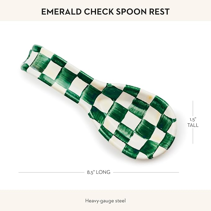 MACKENZIE-CHILDS Enamel Spoon Rest, Kitchen Utensil Rest and Spoon Holder, Kitchen Decor, Green-and-White Emerald Check