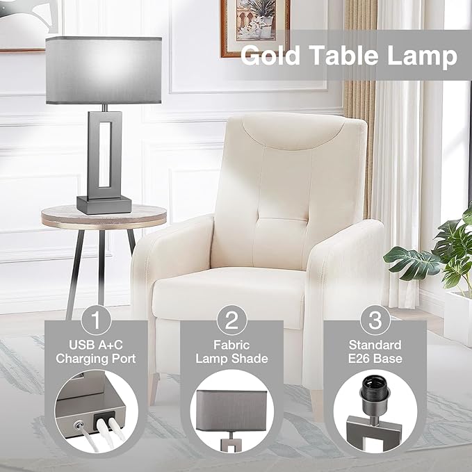 Bedroom Table Lamps Set of 2 - Grey Touch Bedside Lamps with USB C+A, 3 Way Dimmable Gold Lamp for Nightstand, Modern Night Stands Lamps for Living Room End Tables