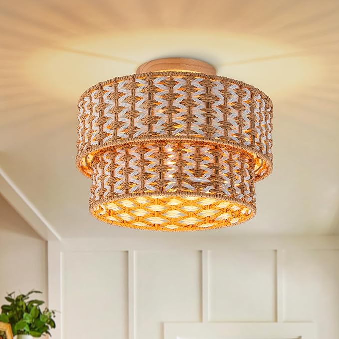 Boho Light Fixtures 2-Tone Rattan Ceiling Light Handwoven Drum Lamp Shade Flush Mount Ceiling Light Wooden Canopy Small Chandelier for Hallway Entryway Bedroom Kitchen Nursery Lights