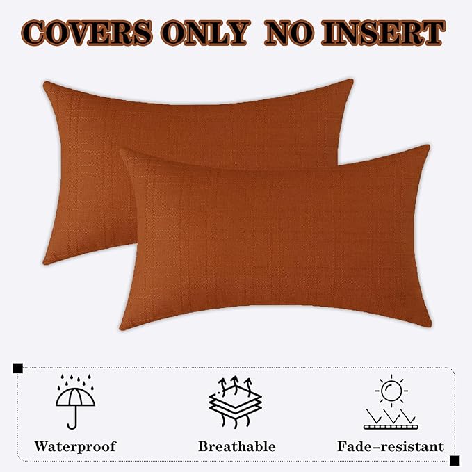 Kevin Textile Pack of 2 Outdoor Waterproof Pillow Covers Checkered Decorative Cushions Sham Throw Pillowcases Shell for Patio Tent Garden Couch Bed Sofa 20x12 Inch Burnt Orange