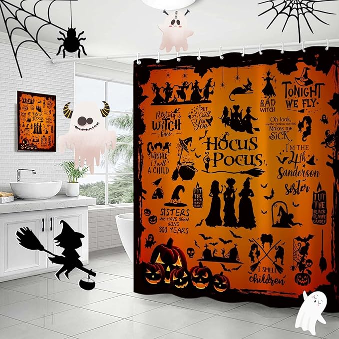 Metawu Halloween Shower Curtain Witch Shower Curtains Sets Witch Bat Spider Web Bathroom Curtain for Kids Waterproof Bathtubs Curtain 72"×72" with 12 Hooks Bathroom Decor
