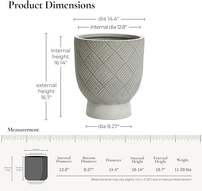 LuxenHome 16.5" H Concrete Tall Urn Planters, Large Outdoor Indoor Decorative Plant Pots with Drainage Holes and Rubber Plug, Modern Gray Glen Woven Pattern Flower Pot Planters for Home Garden Patio