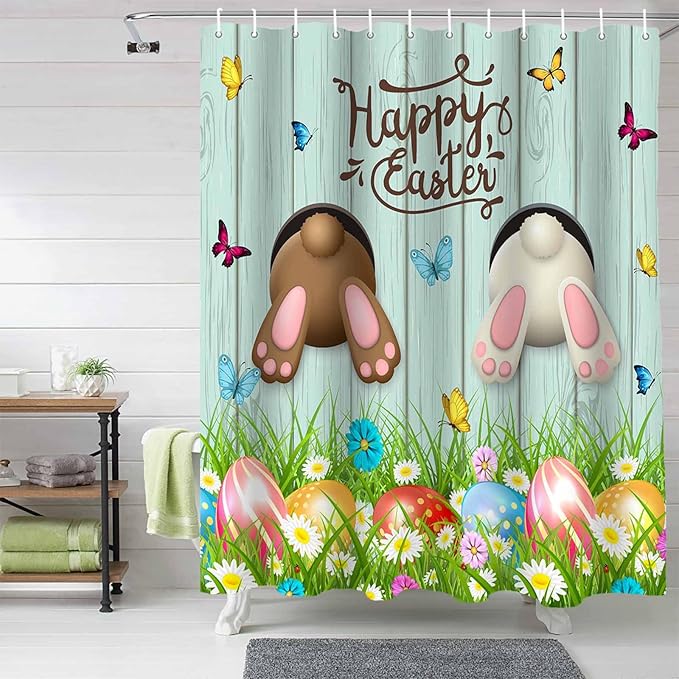 Vandarllin Spring Easter Shower Curtain, Funny Bunny Tails Rabbit Shower Curtains Set with Hooks, Floral Farmhouse Waterproof Fabric Bathroom Curtains Decor Home Accessories,72 X 72 Inch Long