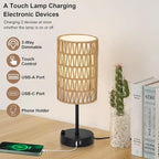 Touch Table Lamp Set of 2 For Bedroom with Bulb, Boho Small Desk Lamp For Living Room With Rattan & Linen Shade, 3 Way Dimmable Bedside Table Lamp For Nightstand With USB Charging Port & Phone Stand