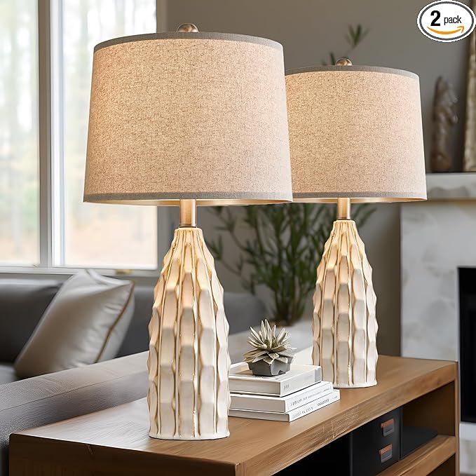 Ceramic Table Lamps Set of 2, 23.75" Modern Farmhouse Bedside Lamp - Cream Nightstand Lamps for Bedroom, Boho Living Room End Tables, Small Office Desk Lamp Decor