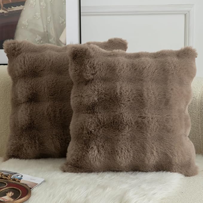 MANDIOO Pack of 2 Thick Plush Wool Decorative Throw Pillow Covers Super Soft Wave Bubble Fur Velvet Cushion Covers Pillow Shams for Couch Bed Living Room 24x24 Inch Taupe