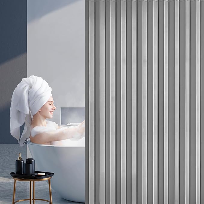 South to East Waterproof Shower Curtain, Heavy Duty Magnetic Folding Linen Shower Curtain, Non-Toxic, 72x80 Magnetic Fabric Bathroom Curtain Sets, Grey