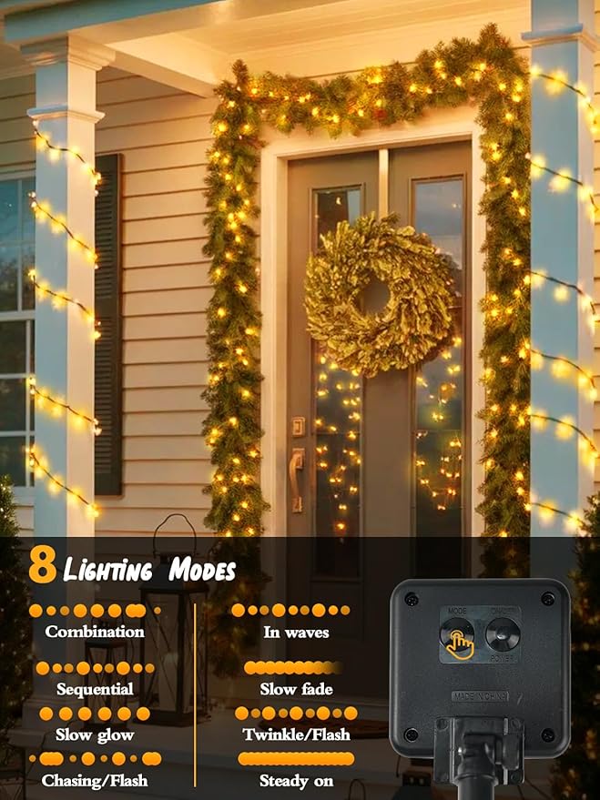 6 Pack Christmas Solar String Lights Outdoor Waterproof, 198FT 600 LED Green Wire Solar Fairy Lights with 8 Modes, Solar Twinkle Lights for Garden Tree Patio Fence Christmas Decorations (Warm White)