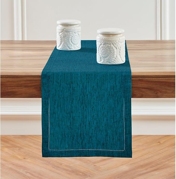 Solino Home Linen Table Runner 48 Inches - 100% Pure Linen Chambray Teal Hemstitch Table Runner 14 x 48 Inch Ideal for Dresser and Coffee Tables - Milan - Thanksgiving, Christmas
