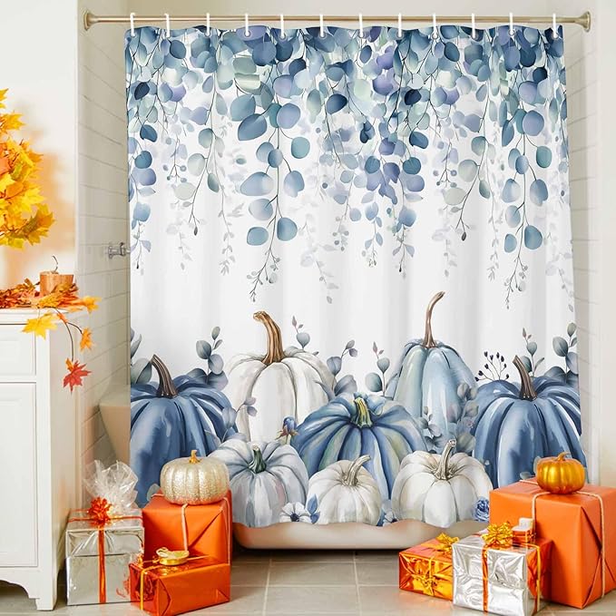 Vandarllin Fall Thanksgiving Shower Curtain, Blue Eucalyptus Leaves Shower Curtains Set with Hooks, Autumn White Pumpkin Waterproof Fabric Bathroom Curtains Decor Home Accessories,Stall Long 54 X 78