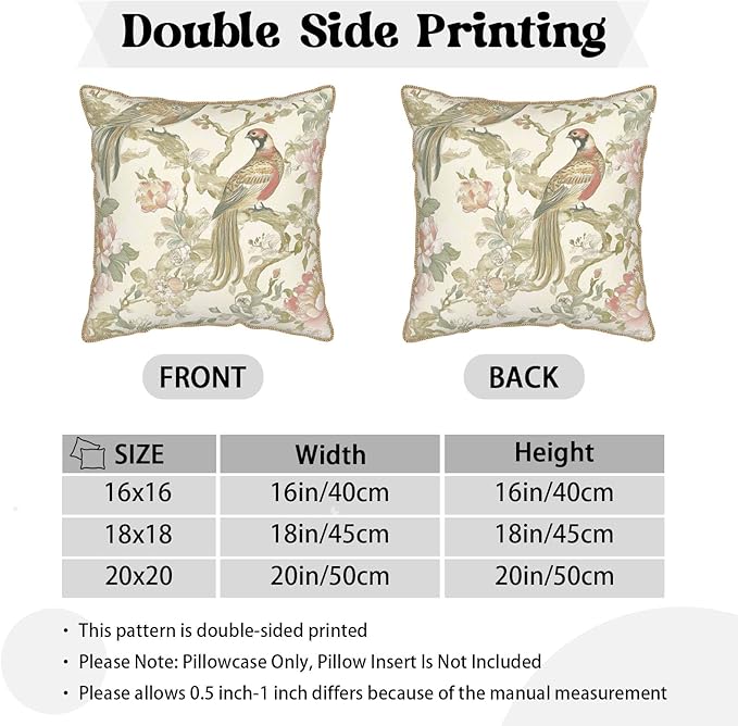 Vintage Bird Floral Soft Velvet Throw Pillow Covers Set of 2 Cream Chinoiserie Flowers Leaves Decorative Pillow Covers 20x20 Inch Retro Farmhouse Pillow Case With Gold Trim For Sofa Couch Home Decor