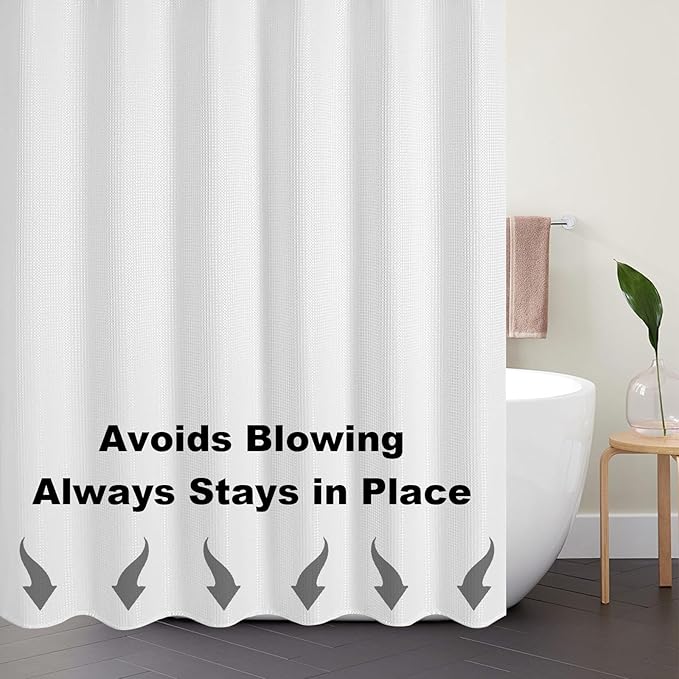 Boho Shower Curtain Set, Waterproof Fabric Shower Curtains, Luxury Hotel Style, Waffle Texture, Heavy Duty, Extra Long Bath Curtain, No Hook, Bathroom Decor, 72x60 Inch, White