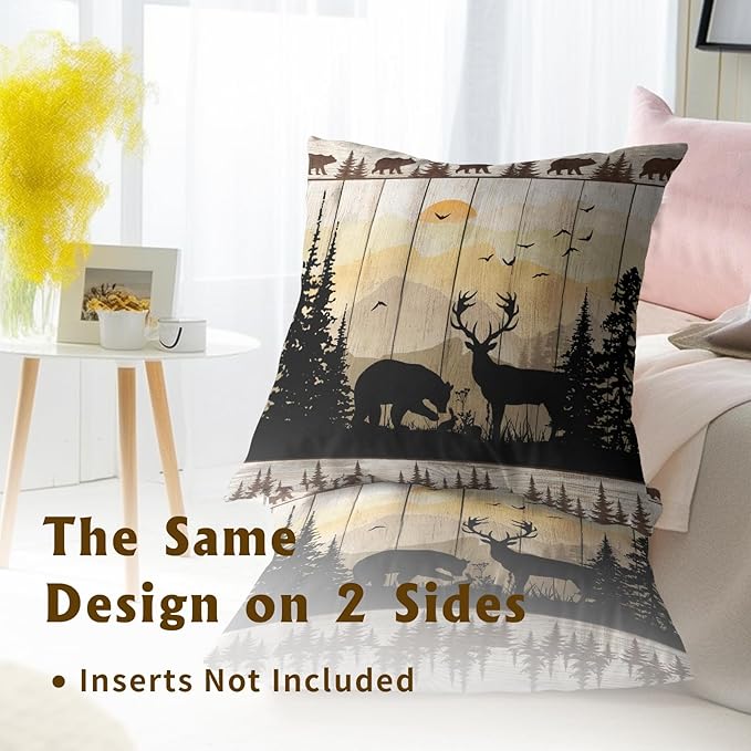 Rustic Deer Throw Pillows Cover Set of 2, Wild Animal Bear Wood Cabin Cotton Square Throw Pillow Case Decorative Cushion Cover Pillowcase Sofa 22"x 22"