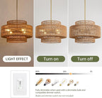 4-Light Boho Rattan Chandelier Light Fixture, 17.7” Hand Woven Rustic Chandeliers Farmhouse Chandelier Hanging Light for Dining Room Kitchen Island, Living Room, Foyer