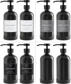 16oz Glass Soap Dispenser with Stainless Steel Pump, 21 Waterproof Labels, Non-Slip Protective Silicone Pad, Set of 2 for Bathroom & Kitchen (Gloss Black Bottle/Black Pump)