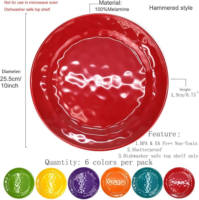 KX-WARE Melamine Plates set -10inch 12pcs 100% Melamine Dinner Plates for Everyday Use, Break-resistant and Lightweight, MultiColor