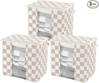 Beige Checkered Clothes Storage Bins, 100L Large Blanket Storage Bags 3 Pack, Closet Organizers and Storage Containers for Comforters, Bedding, Foldable Organizer with Handle
