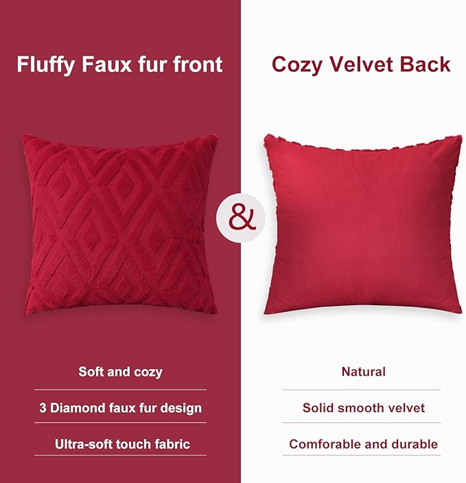 Pallene Christmas Red Throw Pillow Covers 22x22 Set of 2, Soft Plush Faux Fur Decorative Couch Pillow Covers for Sofa Bed Living Room Pillow Cases with 3D Diamond Pattern