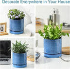Hasense Ceramic Plant Pots Indoor Outdoor, 6 Inch Pot for Plants with Drainage Hole and Saucer, Blue Modern Planter for Housewarming
