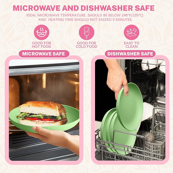 Homienly Wheat Straw Plates Set, 10 inch Deep Dinner Plates, Unbreakable Plates for Kitchen, Camping, 8 PCS Lightweight Round Plates, Microwave and Dishwasher Safe Plate Set - Light Green