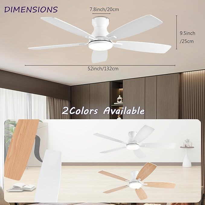 52inch Ceiling Fans with Lights, Low Profile Ceiling Fan with Light and Remote Control/APP Control, DC Reversible Motor, Noiseless, Flush Mount White Ceiling Fan for Bedroom, Indoor/Outdoor Use