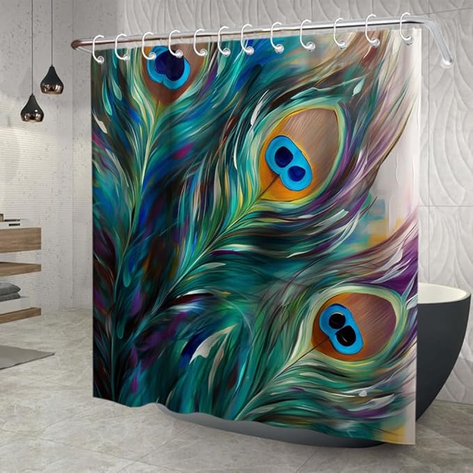 Peafowl Feathers Peacock Teal Shower Curtain Waterproof Picture Plume Pattern Theme Kids Shower Curtain Set with 12 Hooks 72x72 inch Polyester Machine Washable, Turquoise