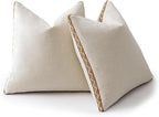 Decorative Neutral Linen Throw Pillow Covers 20x20 Inch Set of 2, Boho Farmhouse Pillow Covers with Braid Fringe for Sofa Bed Modern Couch Pillow Cases for Organic Home Decor