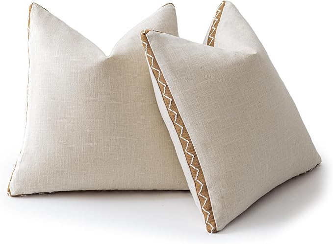 Decorative Neutral Linen Throw Pillow Covers 18x18 Inch Set of 2, Boho Farmhouse Pillow Covers with Braid Fringe for Sofa Bed Modern Couch Pillow Cases for Organic Home Decor