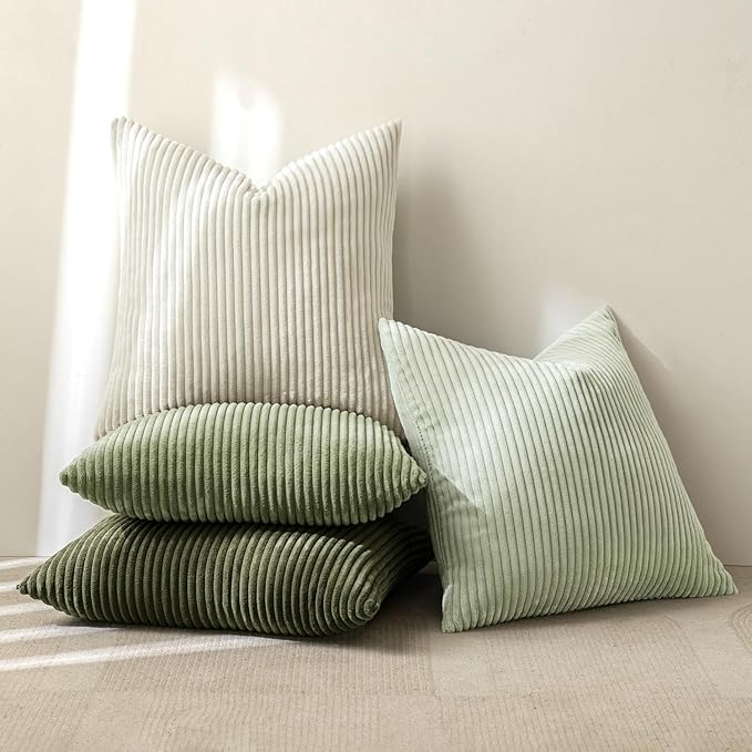 MIULEE Boho Farmhouse Throw Pillow Covers 20x20 Inch Set of 4 Mordern Neutral Green Cushion Covers Soft Corduroy Nordic Christmas Home Decor for Spring Couch Bed Sofa Living Room Green-White