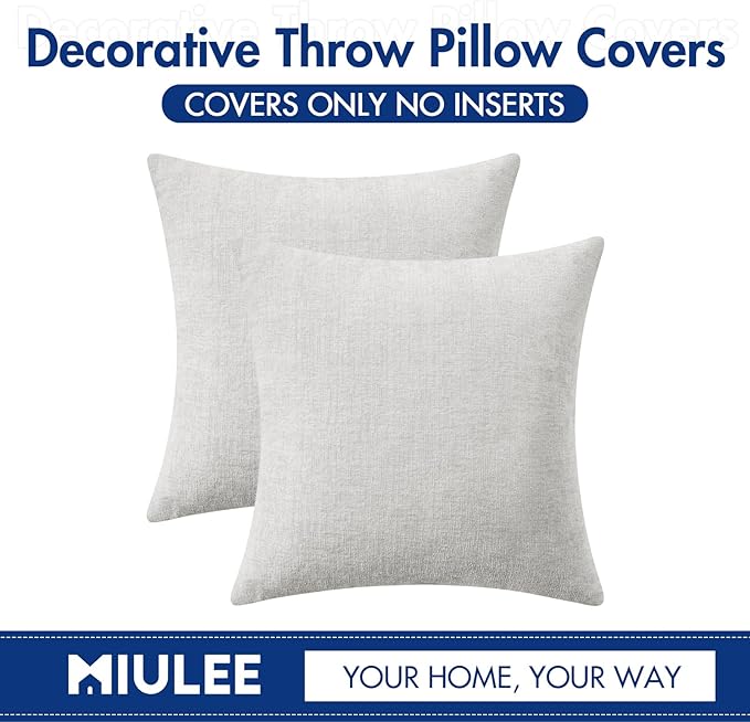 MIULEE Pack of 2 Light Gray Throw Pillow Covers 16x16 Inch Soft Chenille Pillow Covers for Sofa Living Room Couch Solid Dyed Cases