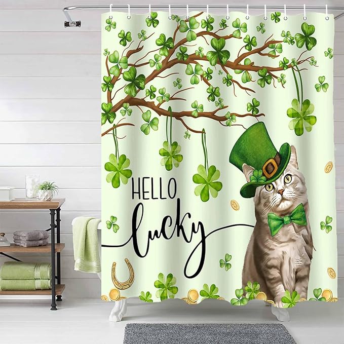 Vandarllin Lucky Cat St. Patrick's Day Shower Curtain, Green Spring Shamrocks Tree Shower Curtains Set with Hooks, Waterproof Fabric Bathroom Curtains Decor Home Accessories, Stall Long 54 X 78 Inch
