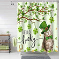 Vandarllin Lucky Cat St. Patrick's Day Shower Curtain, Green Spring Shamrocks Tree Shower Curtains Set with Hooks, Waterproof Fabric Bathroom Curtains Decor Home Accessories, 60 X 72 Inch Long