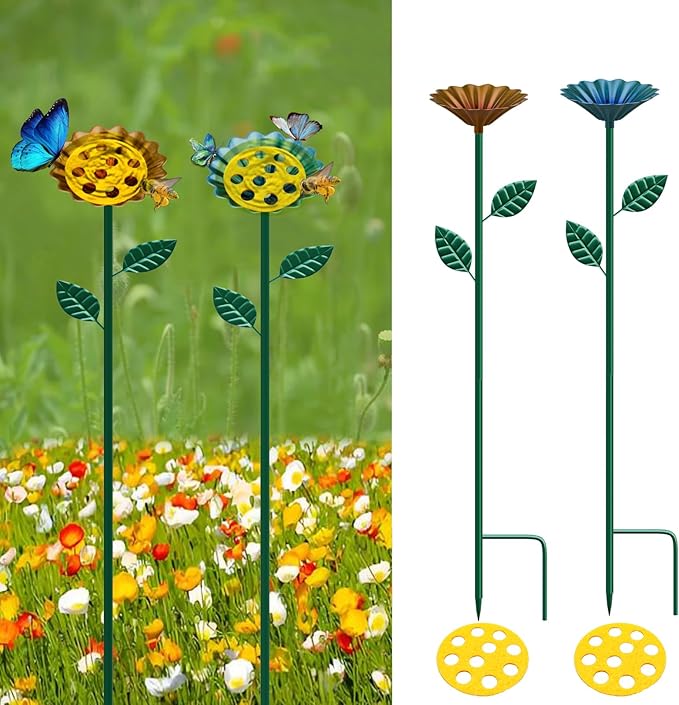 2 Packaged Bee Watering Stations, Garden Bee Bathtubs, Metal Bee Water Replenishers, Floral Designs, Outdoor Garden Courtyard Decorative Colorful Butterfly Bee Bath Bowls(Blue,Yellow)