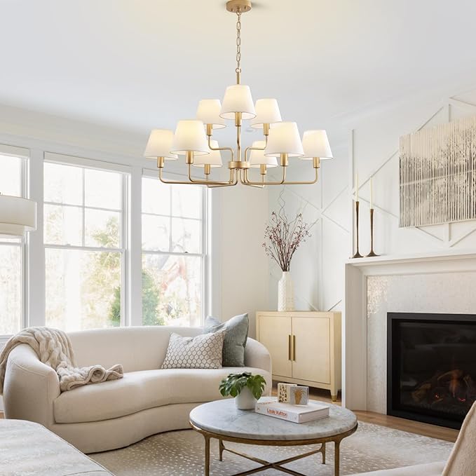 Gold Chandeliers for Dining Room with White Fabric Shades,33”Light Fixture Chandelier,9-Lights foyer chandeliers for high ceilings,2 Tiered Lantern Farmhouse Pendant Light for Living Room,Entryway