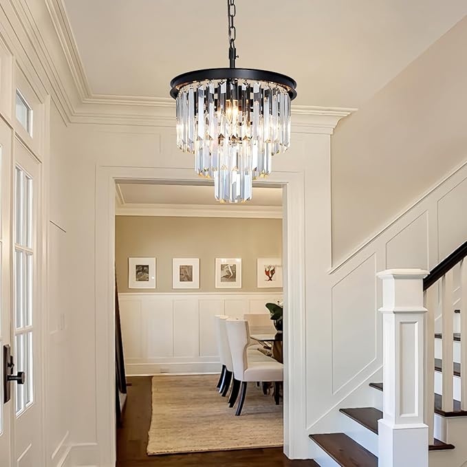 Black Crystal Chandeliers for Dining Room, 3-Tier 4 Lights Modern Chandelier Contemporary Luxury Top K9 Crystal Ceiling Pendant Light Fixture for Foyer Kitchen Bedroom Closet 14"