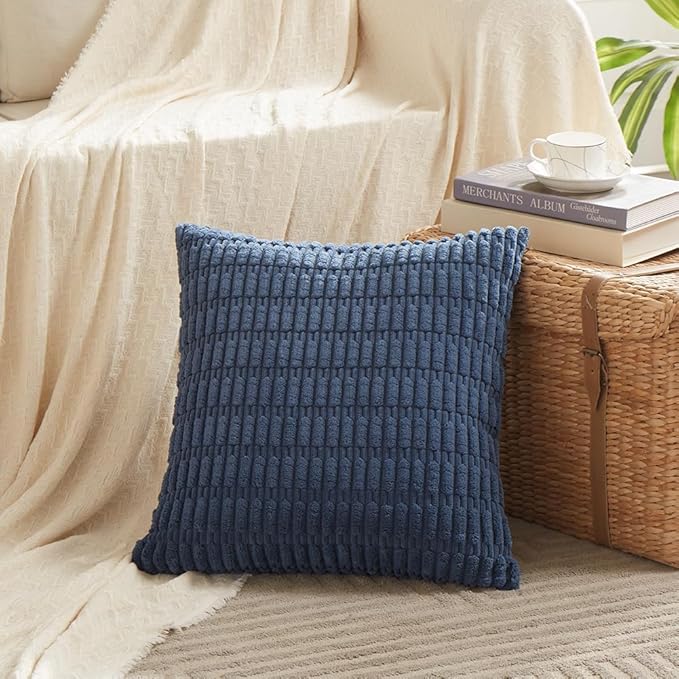 Fancy Homi Dusty Blue Decorative Throw Pillow Covers 22x22 Inch for Living Room Couch Bed Sofa, Rustic Farmhouse Boho Home Decor, Soft Striped Corduroy Square Cushion Case 55x55 cm