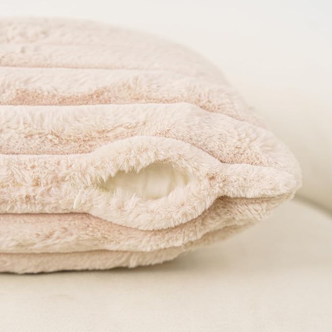 NiNi ALL Faux Fur Plush Throw Pillow Covers Beige 18x18 Inch Set of 2 Decorative Soft Plush Striped Couch Pillow Cover for Sofa Cushion Cases for Couch Bed Home Decor