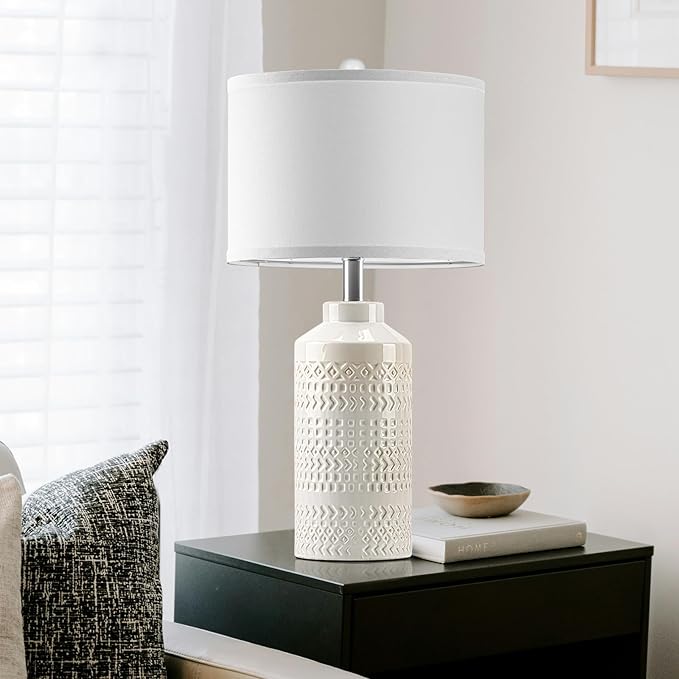 23.5" Ceramic Table Lamps for Living Room, Modern Cream White Table Lamps for Bedrooms Set of 2, Vintage Ceramic Lamps for Night Stands, White Shade Retro Nightstand Lamps for Bedroom