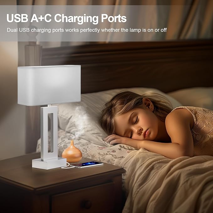 Bedroom Table Lamps Set of 2 - White Silver Touch Bedside Lamps with USB C+A, 3 Way Dimmable Gold Lamp for Nightstand, Modern Night Stands Lamps for Living Room End Tables