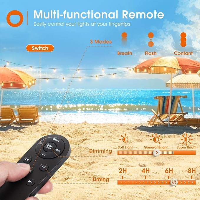 addlon 54FT(48+6) Solar String Lights Outdoor Waterproof with USB Charging & Remote Control - Dimmable Solar Power Patio Lights with LED Bulbs for Porch, Garden, Yard, Market, Bistro - Last for 20+Hrs