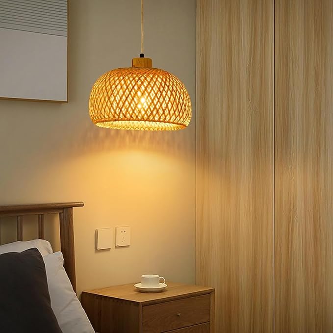 18inch Bamboo Rattan Pendant Light, Hand-Woven Wicker Boho Hanging Ceiling Lights Fixture, Beige Pendant Lamp Rustic Farmhouse Chandelier for Kitchen Island, Dining Room, Bedroom, Living Room