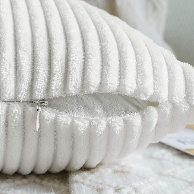 MIULEE Winter Pack of 2 Corduroy Pillow Covers Soft Soild Striped Throw Pillow Covers Set Decorative Square Cushion Cases Pillowcases for Couch Sofa Bedroom Living Room 16 x 16 Inch Pure White