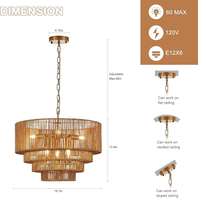 19.7" Hand-Woven Rattan Chandelier Vintage Farmhouse 6-Lights Boho Bamboo Chandeliers Light Fixture Retro Drum Wicker Rattan Golden Chandelier for Dining Room, Kitchen Island, Bedroom, E12