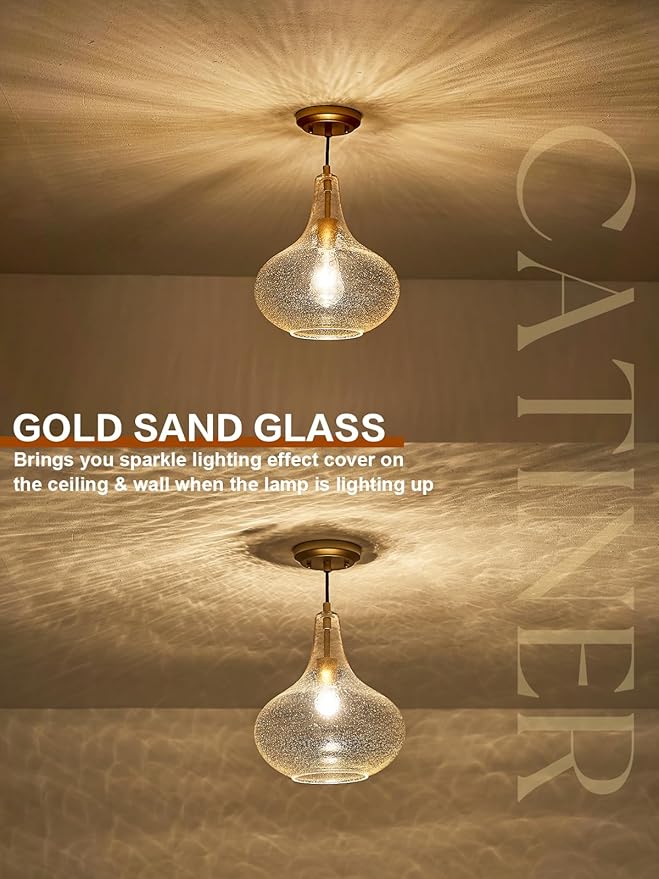 Handcrafted 11-Inch Mid-Century Modern Brass Gold Pendant Light with Seeded Glass Shade - Elegant Dining Room Pendant Light