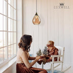 Modern Glass Pendant Light, 8"x9.6" Amber Ribbed Hanging Light Fixture with Gold Cap, 15"-72" Adjustable Cord, E26 Socket for Kitchen or Entryway – Sunrise Glow Teardrop