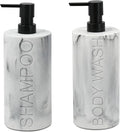 Marble Resin 2 Piece Shampoo and Body Wash Dispenser Set, Luxurious Refillable Pump Bottles with Matte Pump Top and Embossed Text, Durable Design for Bathroom and Shower